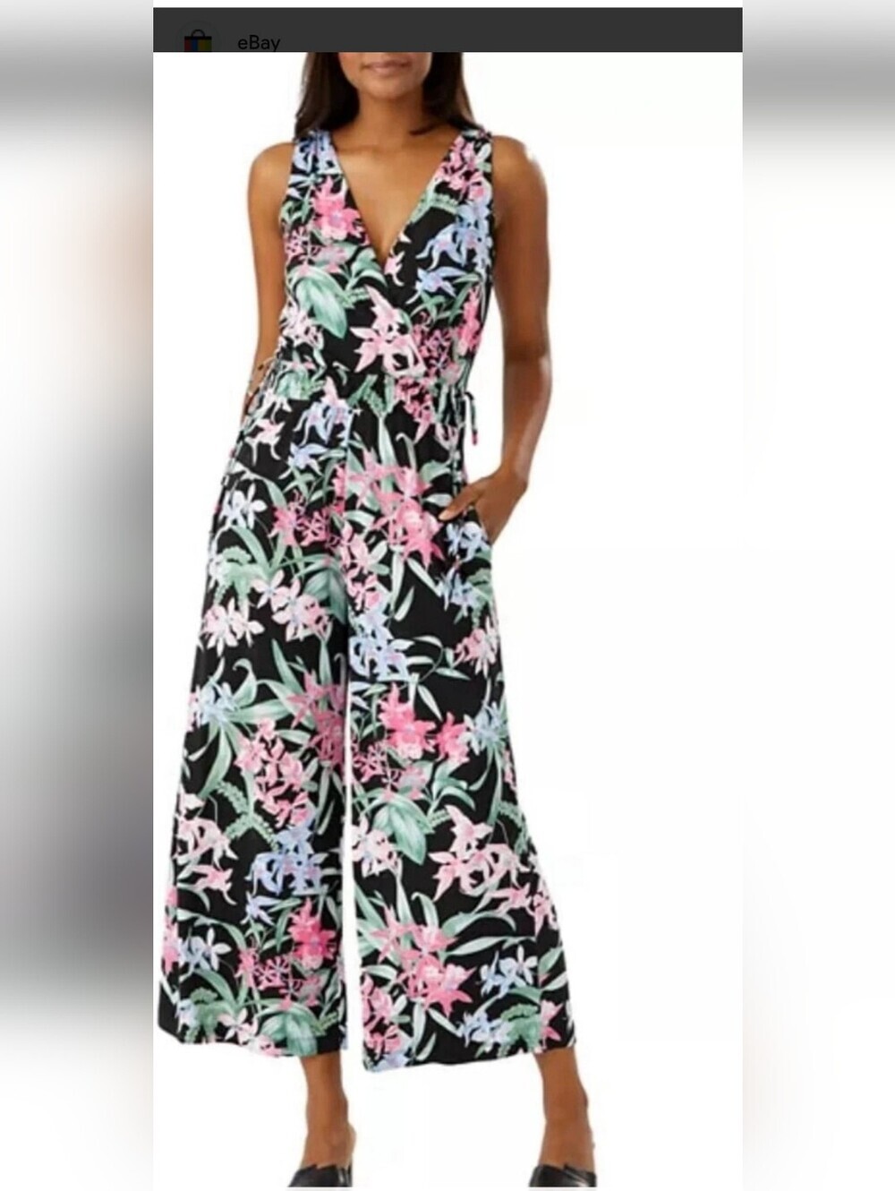 Tommy Bahama Black Floral V-Neck Wide-Leg Jumpsuit Size M